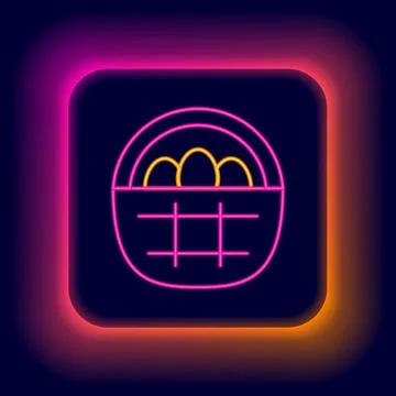 Glowing neon line Basket with easter eggs icon isolated on black background.. Illustrazione stock
