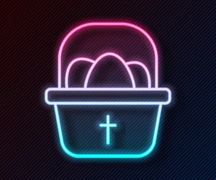 Glowing neon line Basket with easter eggs icon isolated on black background.  Illustrazione stock