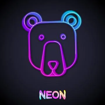 Glowing neon line Bear head icon isolated on black background.  Vector Illustrazione stock