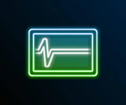Glowing neon line Beat dead in monitor icon isolated on black background. ECG Stock Illustration