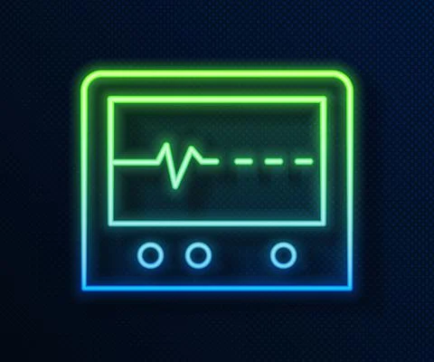 Glowing neon line Beat dead in monitor icon isolated on blue background. ECG Stock Illustration