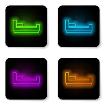 Glowing neon line Bed icon isolated on white background. Black square button. Stock Illustration