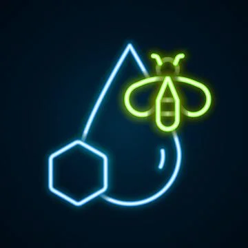 Glowing neon line Bee and honeycomb icon isolated on black background. Honey Stock Illustration