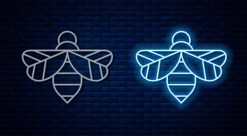 Glowing neon line Bee icon isolated on brick wall background. Sweet natural.. Illustrazione stock