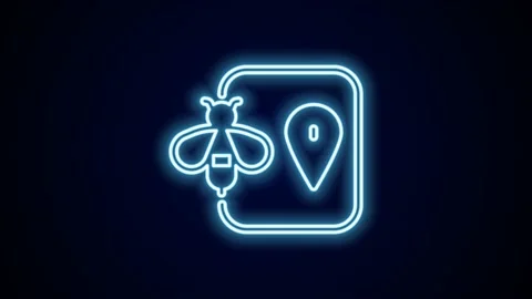 Glowing neon line Bee location map pin pointer icon isolated on black background Video stock 227335598