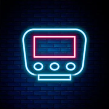 Glowing neon line Bicycle speedometer icon isolated on brick wall background Stock Illustration