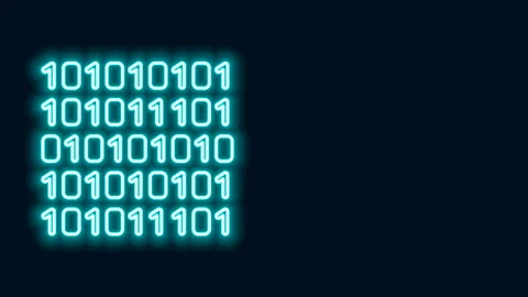 Glowing neon line Binary code icon isolated on black background. 4K Video motion Video stock 141828097
