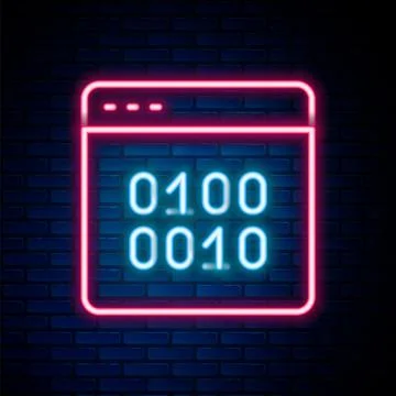 Glowing neon line Binary code icon isolated on brick wall background. Colorfu 스톡 일러스트