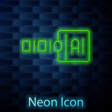 Glowing neon line Binary code icon isolated on brick wall background. Vector Stock Illustration