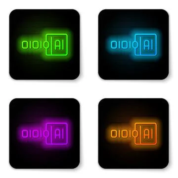 Glowing neon line Binary code icon isolated on white background. Black square Stock Illustration