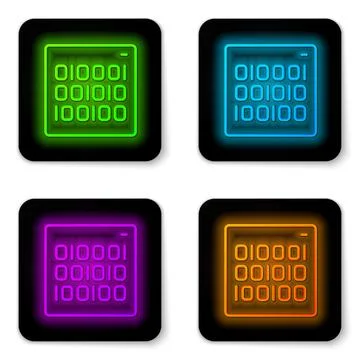 Glowing neon line Binary code icon isolated on white background. Black square Stock Illustration