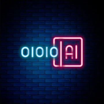 Glowing neon line Binary code icon isolated on brick wall background. Colorful Stock Illustration