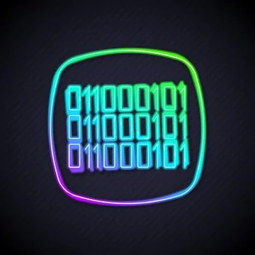 Glowing neon line Binary code icon isolated on black background. Vector Illustrazione stock