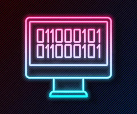 Glowing neon line Binary code icon isolated on black background. Vector Stock Illustration