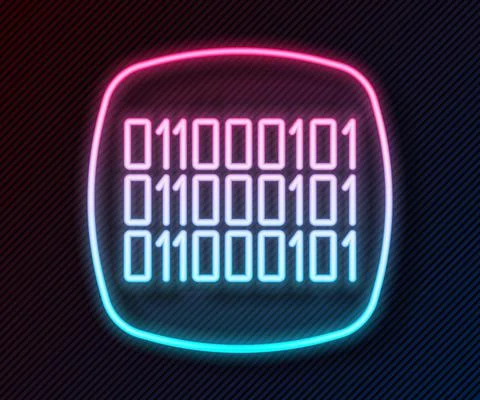 Glowing neon line Binary code icon isolated on black background. Vector Stock Illustration