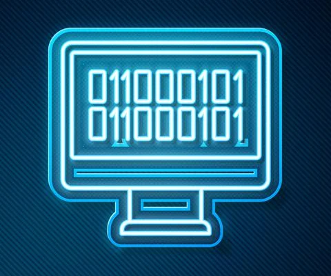 Glowing neon line Binary code icon isolated on blue background. Vector Stock Illustration