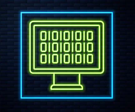 Glowing neon line Binary code icon isolated on brick wall background. Vector Stock Illustration