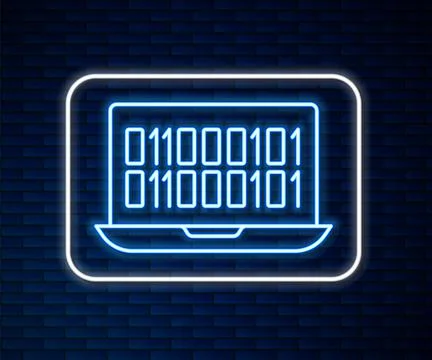 Glowing neon line Binary code icon isolated on brick wall background.  Vector Stock Illustration