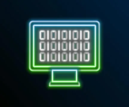 Glowing neon line Binary code icon isolated on black background. Colorful Illustrazione stock