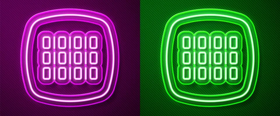 Glowing neon line Binary code icon isolated on purple and green background Stock Illustration