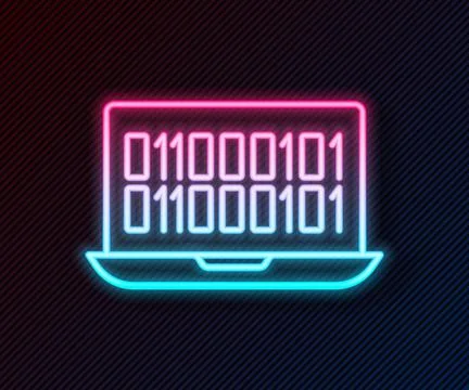 Glowing neon line Binary code icon isolated on black background. Vector Illustrazione stock
