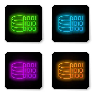 Glowing neon line Binary code icon isolated on white background. Black square Stock Illustration