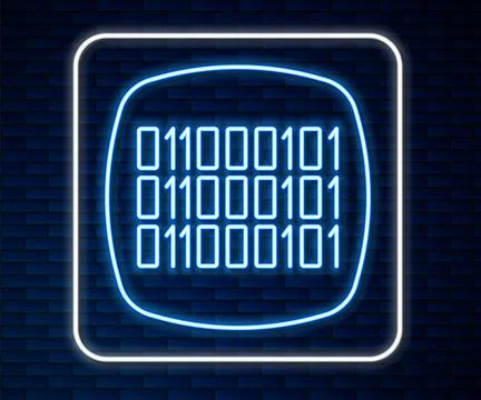 Glowing neon line Binary code icon isolated on brick wall background.  Vector Stock Illustration