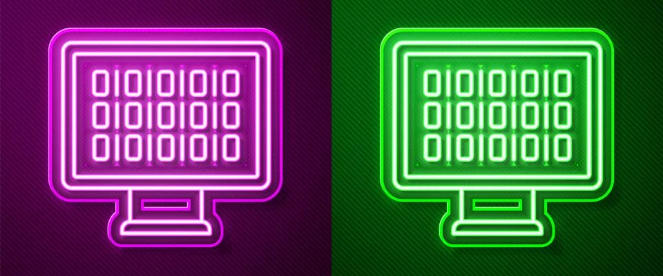 Glowing neon line Binary code icon isolated on purple and green background... Stock Illustration