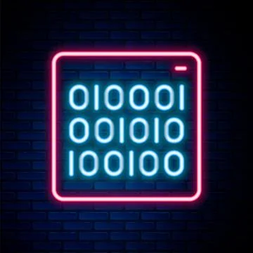 Glowing neon line Binary code icon isolated on brick wall background. Color.. Stock Illustration