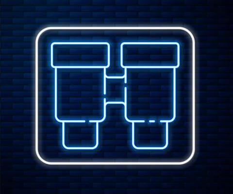 Glowing neon line Binoculars icon isolated on brick wall background. Find Stock Illustration