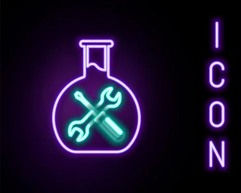 Glowing neon line Bioengineering with screwdriver and wrench icon isolated on Stock Illustration