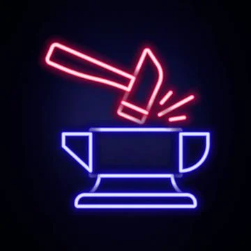Glowing neon line Blacksmith anvil tool and hammer icon isolated on brick wall Stock Illustration