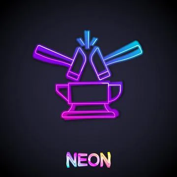 Glowing neon line Blacksmith anvil tool and hammer icon isolated on black Illustrazione stock