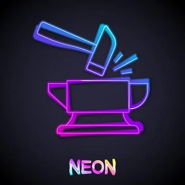 Glowing neon line Blacksmith anvil tool and hammer icon isolated on black イラスト素材
