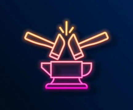 Glowing neon line Blacksmith anvil tool and hammer icon isolated on black bac Stockillustratie
