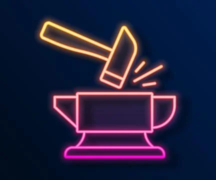 Glowing neon line Blacksmith anvil tool and hammer icon isolated on black bac Stockillustratie