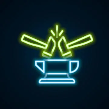 Glowing neon line Blacksmith anvil tool and hammer icon isolated on black bac イラスト素材
