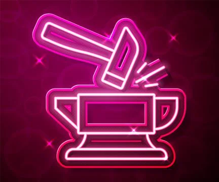 Glowing neon line Blacksmith anvil tool and hammer icon isolated on red backg Stockillustratie