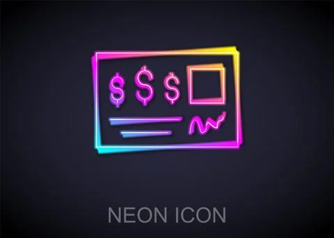 Glowing neon line Blank template of the bank check and pen icon isolated on Stock Illustration