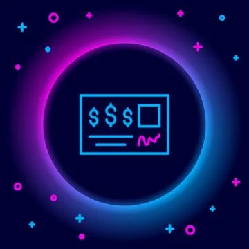 Glowing neon line Blank template of the bank check and pen icon isolated on.. 스톡 일러스트
