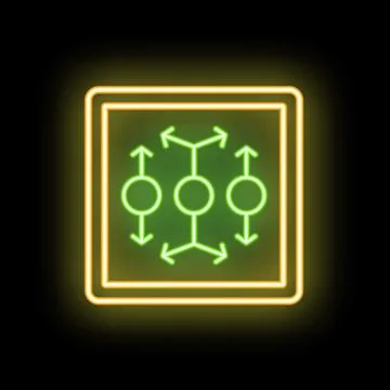 Glowing neon line blockchain technology icon isolated on black background. Ne Stock Illustration
