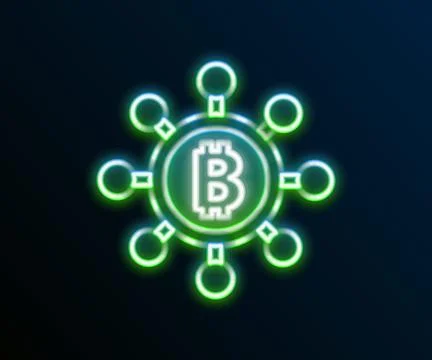 Glowing neon line Blockchain technology Bitcoin icon isolated on black back.. Stock Illustration