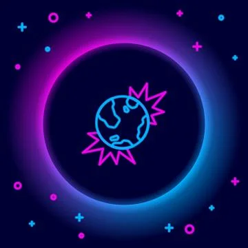 Glowing neon line Bomb explosive planet earth war danger icon isolated on b.. Stock Illustration