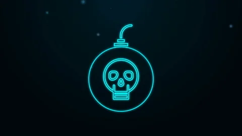 Glowing neon line Bomb ready to explode icon isolated on black background. Happy Stock Footage 139596244