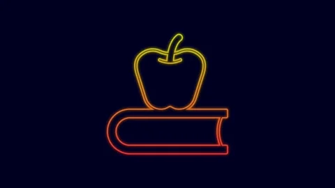 Glowing neon line Book with apple icon isolated on blue background. 4K Video Stock Footage 227231685