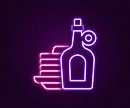 Glowing neon line Bottle of maple syrup with stack of pancakes icon isolated on 库存插图