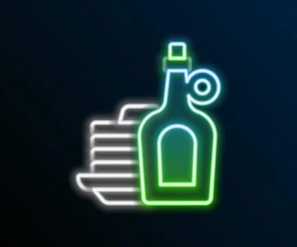 Glowing neon line Bottle of maple syrup with stack of pancakes icon isolated  Illustrazione stock