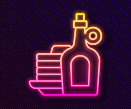 Glowing neon line Bottle of maple syrup with stack of pancakes icon isolate.. Stock Illustration