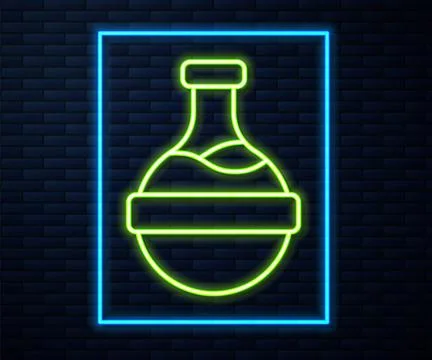 Glowing neon line Bottle with potion icon isolated on brick wall background.. Stock Illustration