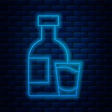 Glowing neon line Bottle of vodka with glass icon isolated on brick wall back Stock Illustration